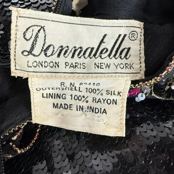 Donnatella Black Sequin Beaded Collar Long Sleeve Silk Blouse‎ Top Women's Sz L* - Picture 6 of 12